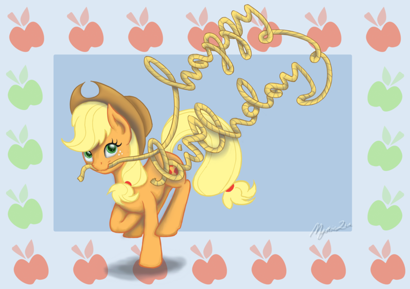 Size: 900x634 | Tagged: safe, artist:mystic2u, derpibooru import, applejack, pony, happy birthday, mouth hold, rope, running, solo