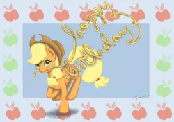 Size: 900x634 | Tagged: safe, artist:mystic2u, derpibooru import, applejack, pony, happy birthday, mouth hold, rope, running, solo