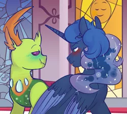 Size: 1149x1029 | Tagged: safe, artist:soft-arthropod, derpibooru import, princess luna, thorax, alicorn, changedling, changeling, pony, blushing, female, king thorax, looking at each other, male, shipping, smiling, straight, thuna, tongue out