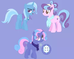 Size: 903x721 | Tagged: safe, artist:blueberrymuffin02, derpibooru import, suri polomare, trixie, oc, oc:consteletion, pony, unicorn, crack shipping, female, lesbian, magical lesbian spawn, mare, offspring, parent:suri polomare, parent:trixie, parents:surixie, purple background, shipping, simple background, surixie