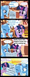 Size: 1397x3487 | Tagged: safe, artist:avchonline, derpibooru import, trixie, twilight sparkle, pony, unicorn, ..., angry, comic, dialogue, duo, engrish, exclamation point, female, foal free press, gabby gums, glowing horn, hoof hold, horn, magic, mare, nervous, newspaper, offscreen character, signature, surprised, sweat, sweatdrop, telekinesis, unicorn twilight
