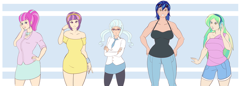 Size: 2239x800 | Tagged: safe, artist:annon, derpibooru import, indigo zap, lemon zest, sour sweet, sugarcoat, sunny flare, human, equestria girls, friendship games, big breasts, breasts, clothes, female, freckles, glasses, humanized, muscles, necktie, pre-bimbo, shadow five, skirt, sunglasses