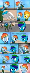 Size: 1024x2432 | Tagged: safe, artist:pandramodo, derpibooru import, rainbow dash, soarin', spitfire, oc, oc:dark rainbow, pony, ace combat, angry, bright, gasp, grin, grunt, nervous, nervous grin, prosthetic wing, shocked, smiling, spread wings, wingboner, wings