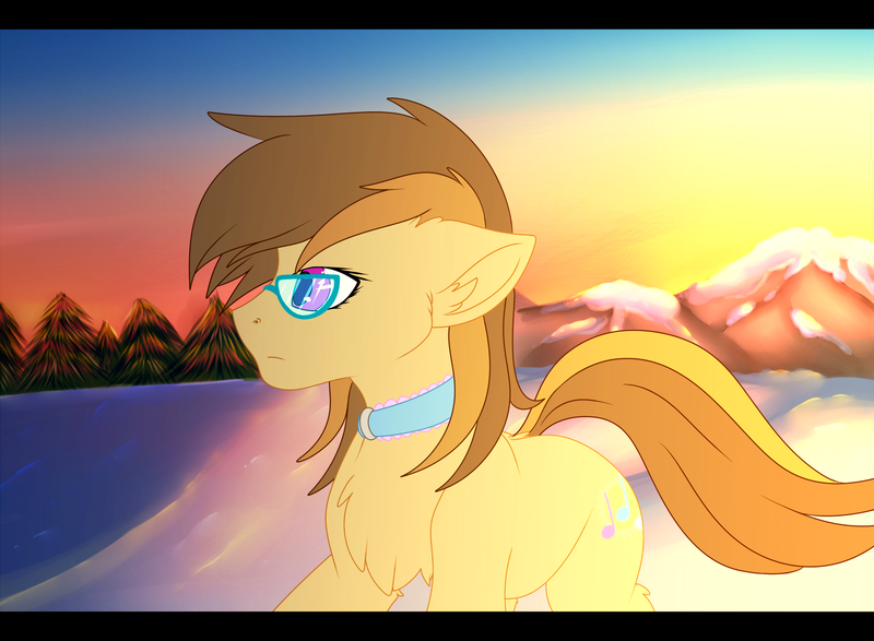 Size: 1800x1320 | Tagged: safe, artist:fkk, derpibooru import, oc, oc:dawnsong, unofficial characters only, earth pony, pony, collar, female, glasses, mare, outdoors, snow, sunrise, ych result