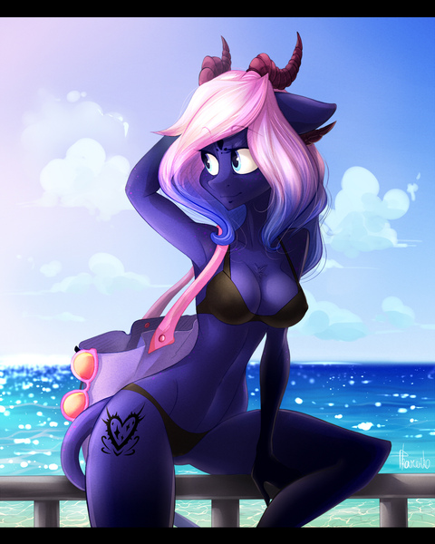Size: 1520x1900 | Tagged: anthro, armpits, artist:crazy-leg, beach, bikini, breasts, clothes, derpibooru import, dracony, female, hybrid, oc, oc:kariana, solo, solo female, suggestive, sunglasses, swimsuit, unofficial characters only