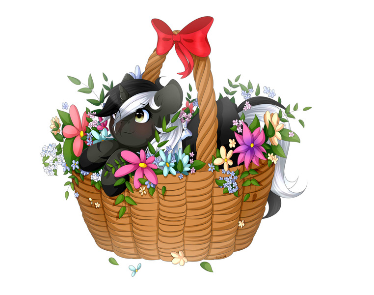 Size: 3300x2600 | Tagged: safe, artist:sweesear, derpibooru import, oc, unofficial characters only, pony, unicorn, basket, cute, female, flower, ocbetes, pony in a basket, ribbon, simple background, smiling, solo, white background, ych result