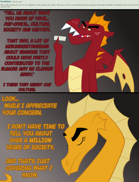 Size: 678x892 | Tagged: safe, artist:queencold, derpibooru import, garble, oc, oc:caldera, dragon, ask caldera, ask, dialogue, dragoness, dragon oc, duo, female, gray background, male, mother, mother and son, simple background, teenaged dragon, tumblr