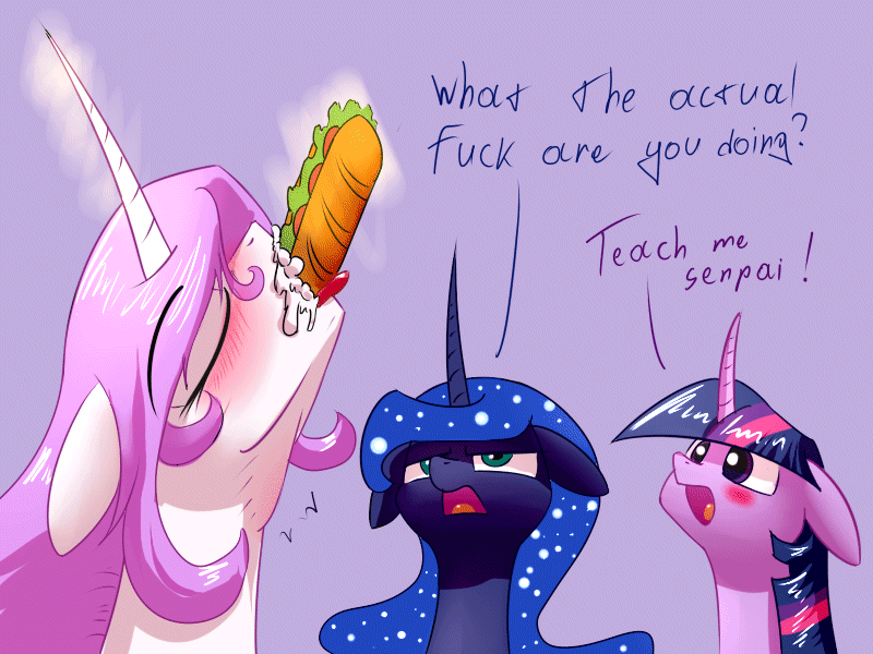 Size: 800x600 | Tagged: questionable, derpibooru import, edit, princess celestia, princess luna, twilight sparkle, twilight sparkle (alicorn), alicorn, pony, princess molestia, 1000 hours in ms paint, animated, blowjob, blushing, curved horn, deepthroat, dialogue, eyes closed, female, floppy ears, food, frown, gif, gratuitous japanese, levitation, magic, mare, mayonnaise, ms paint, not porn, open mouth, oral, purple background, sandwich, sauce, senpai, sex, simple background, suggestive eating, telekinesis, throat bulge, unamused, vulgar, watching, wtf