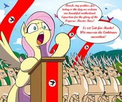 Size: 2481x2081 | Tagged: safe, artist:doublewbrothers, derpibooru import, edit, fluttershy, bird, butterfly, deer, pony, a nazi by any other name, cropped, dialogue, german, germanshy, glorious master race, goose step, nazi, pegasus supremacy, pony racism, south park, we are going to heil