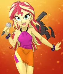 Size: 900x1050 | Tagged: safe, artist:ta-na, derpibooru import, sunset shimmer, equestria girls, rainbow rocks, beautiful, clothes, cute, female, jacket, leather jacket, microphone, scene interpretation, singing, skirt, sleeveless, solo, the coats are off, welcome to the show