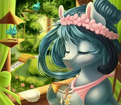 Size: 1280x1114 | Tagged: safe, artist:runettamontbelle, derpibooru import, oc, unofficial characters only, bird, earth pony, pony, bird feeder, blue coat, blue mane, bridge, cup, floral head wreath, flower, forest, river, scenery, solo, tree, waterfall