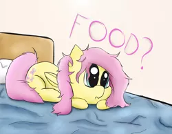 Size: 4500x3500 | Tagged: safe, artist:rainyvisualz, derpibooru import, fluttershy, pegasus, pony, absurd resolution, bed, cute, dialogue, folded wings, hungry, messy mane, prone, small, wings