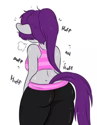 Size: 2675x3421 | Tagged: anthro, anthro oc, artist:wickedsilly, ass, breasts, clothes, derpibooru import, dimples of venus, female, mare, midriff, oc, oc:wicked silly, pants, ponysona, rear view, simple background, solo, solo female, sports bra, suggestive, sweat, tired, unofficial characters only, white background, yoga pants