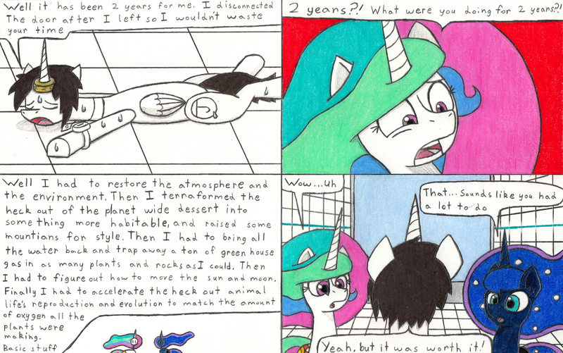 Size: 3285x2056 | Tagged: safe, artist:eternaljonathan, derpibooru import, princess celestia, princess luna, oc, oc:nemo, alicorn, pony, comic:a new twist, comic, exhausted, female, guardian, horn ring, mare, royal sisters, science fiction, tired, traditional art