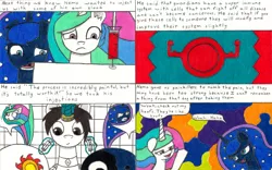 Size: 3290x2047 | Tagged: safe, artist:eternaljonathan, derpibooru import, princess celestia, princess luna, oc, oc:nemo, alicorn, pony, comic:a new twist, blood, blood transfusion, comic, drugged, guardian, horn ring, moonbutt, plot, royal sisters, science fiction, shot, sunbutt, traditional art