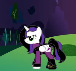 Size: 516x488 | Tagged: safe, artist:underneathme16, derpibooru import, oc, oc:mal, ponified, unofficial characters only, alicorn, pony, pony creator, clothed ponies, cutie mark, descendants, descendants wicked world, disney, disney descendants, everfree forest, evil, green eyes, mal (disney descendants), solo