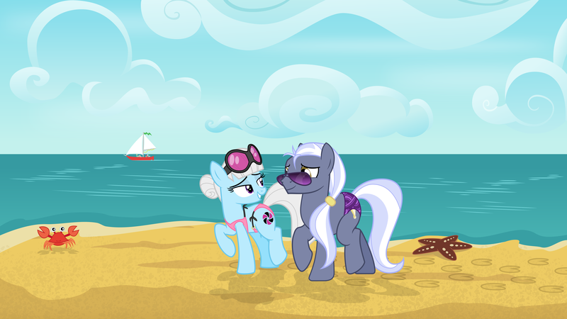 Size: 3840x2160 | Tagged: safe, artist:cheezedoodle96, derpibooru import, fluttershy, gentle breeze, hoity toity, photo finish, posey shy, zephyr breeze, crab, earth pony, pony, starfish, .svg available, alternate hairstyle, beach, bikini, clothes, cloud, cutie mark, duo focus, eye contact, female, looking at each other, male, mare, missing accessory, ocean, photoity, sailboat, shipping, shys, skuttles the crab, speedo, stallion, straight, string bikini, svg, swimsuit, the shy family, vector, walking, wallpaper