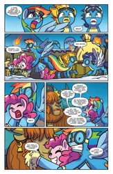 Size: 1041x1600 | Tagged: safe, artist:agnesgarbowska, derpibooru import, idw, bow hothoof, pinkie pie, prince rutherford, rainbow dash, soarin', spitfire, windy whistles, pony, not asking for trouble, spoiler:comic, spoiler:comic55, attack, preview, rainbow dash's parents, wonderbolts