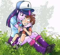 Size: 699x636 | Tagged: suggestive, artist:tokatl, derpibooru import, twilight sparkle, equestria girls, breasts, clothes, crossover, crossover shipping, diplight, dipper pines, gravity falls, hat, leg warmers, miniskirt, outdoors, pleated skirt, shipping, shoes, skirt