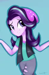 Size: 1024x1575 | Tagged: safe, artist:lcpegasister75, derpibooru import, starlight glimmer, equestria girls, mirror magic, spoiler:eqg specials, beanie, clothes, hat, pants, shirt, simple background, smiling, vest