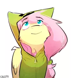 Size: 715x783 | Tagged: safe, artist:suplolnope, derpibooru import, fluttershy, pegasus, pony, cheek fluff, clothes, creepershy, female, hoodie, looking up, mare, minecraft, simple background, smiling, solo, white background