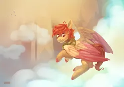 Size: 3507x2480 | Tagged: safe, artist:domidelance, derpibooru import, oc, unofficial characters only, pony, clothes, cloud, flying, scarf, solo