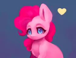 Size: 900x688 | Tagged: safe, artist:minckies, derpibooru import, pinkie pie, pony, blue background, bust, chest fluff, colored pupils, featureless snout, heart, no mouth, portrait, simple background, solo