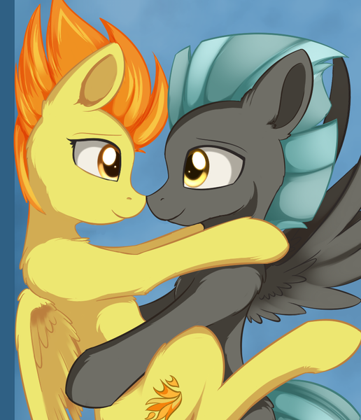 Size: 842x979 | Tagged: safe, artist:dusthiel, derpibooru import, spitfire, thunderlane, pegasus, pony, boop, female, firelane, hug, looking at each other, male, mare, noseboop, shipping, stallion, straight