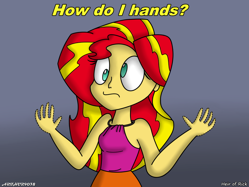 Size: 2133x1600 | Tagged: safe, artist:arthur9078, artist:heir-of-rick, derpibooru import, sunset shimmer, equestria girls, clothes, confused, dialogue, gradient background, hand, no hooves, sleeveless, solo