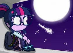 Size: 1378x999 | Tagged: safe, artist:psychodiamondstar, derpibooru import, sci-twi, twilight sparkle, equestria girls, alone, clothes, crying, crystal prep academy uniform, female, glasses, lonely, moon, night, sad, school uniform, shoes, shooting star, skirt, socks, solo