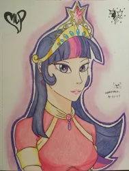 Size: 973x1285 | Tagged: artist:emichaca, big crown thingy, clothes, crown, derpibooru import, human, humanized, jewelry, looking at you, regalia, safe, solo, traditional art, twilight sparkle