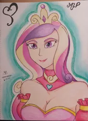 Size: 956x1308 | Tagged: artist:emichaca, breasts, cleavage, clothes, crown, derpibooru import, female, human, humanized, jewelry, milf, princess cadance, regalia, smiling, solo, solo female, suggestive, traditional art