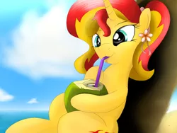 Size: 1024x768 | Tagged: safe, artist:fotasy, derpibooru import, sunset shimmer, pony, unicorn, against tree, coconut, coconut cup, cute, drinking, female, food, mare, sipping, solo, straw