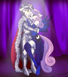 Size: 1500x1700 | Tagged: safe, artist:fur-what-loo, derpibooru import, king sombra, princess luna, sweetie belle, oc, oc:balor, anthro, unguligrade anthro, unicorn, anthro oc, canon x oc, clothes, commission, costume, dress, female, image, jpeg, lumbra, male, mare, older, older sweetie belle, shipping, singing, smiling, stage, stallion, straight