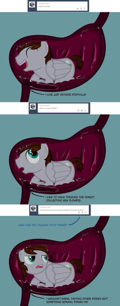 Size: 1280x3263 | Tagged: questionable, artist:darthlucario, artist:hartenas, derpibooru import, oc, oc:crescendo, oc:flower pot, unofficial characters only, pony, ask, fetish, internal, mucous, mucus, offscreen character, slimy, squishy, stomach, stomach acid, stomach walls, tumblr, vore, x-ray