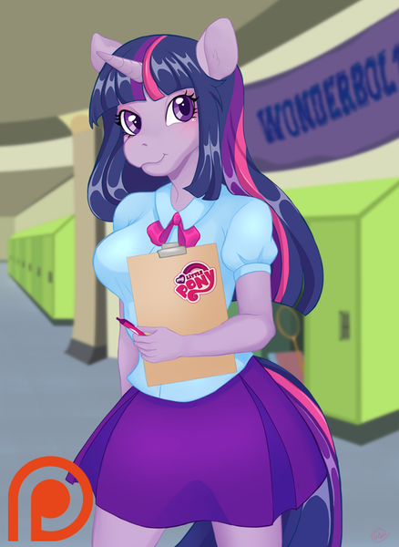 Size: 687x942 | Tagged: safe, artist:glor666, derpibooru import, twilight sparkle, anthro, unicorn, equestria girls, clipboard, clothes, dress, female, hoers, mare, patreon, patreon logo, solo