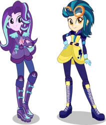 Size: 6369x7500 | Tagged: safe, artist:limedazzle, derpibooru import, indigo zap, starlight glimmer, equestria girls, friendship games, absurd resolution, alternate hairstyle, alternate universe, boots, clothes, crossed arms, duo, duo female, ear piercing, earring, female, gloves, goggles, jewelry, piercing, shoes, simple background, smiling, transparent background, vector