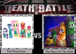 Size: 900x643 | Tagged: safe, derpibooru import, big macintosh, fluttershy, rarity, pony, battle of the bands, death battle, exploitable meme, jimmy, junior, larry the cucumber, meme, mr. lunt, ponytones, the boyz in the sink, veggietales