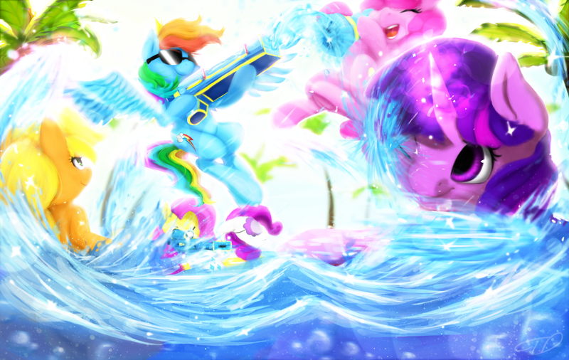 Size: 1360x860 | Tagged: safe, artist:moondreamer16, derpibooru import, applejack, fluttershy, pinkie pie, rainbow dash, rarity, twilight sparkle, pony, cute, eyes closed, glowing horn, horn, mane six, one eye closed, open mouth, splash, sunglasses, water, watergun