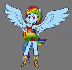 Size: 2057x2000 | Tagged: safe, artist:khuzang, derpibooru import, rainbow dash, equestria girls, clenched fist, clothes, commission, dress, female, gray background, hand on hip, looking at you, ponied up, simple background, skirt, smiling, solo, spread wings, wings