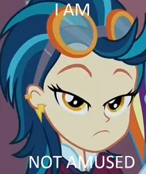 Size: 490x582 | Tagged: safe, derpibooru import, indigo zap, equestria girls, friendship games, bust, ear piercing, earring, female, goggles, indigo zap is not amused, jewelry, lidded eyes, looking at you, piercing, portrait, solo, unamused