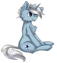 Size: 536x590 | Tagged: safe, artist:czywko, derpibooru import, oc, oc:infinity star, unofficial characters only, pony, unicorn, blue, blue eyes, cheek fluff, chest fluff, digital art, ear fluff, fluffy, gift art, pagedoll, pixel art, simple background, sitting, smiling, solo, transparent background, white hair