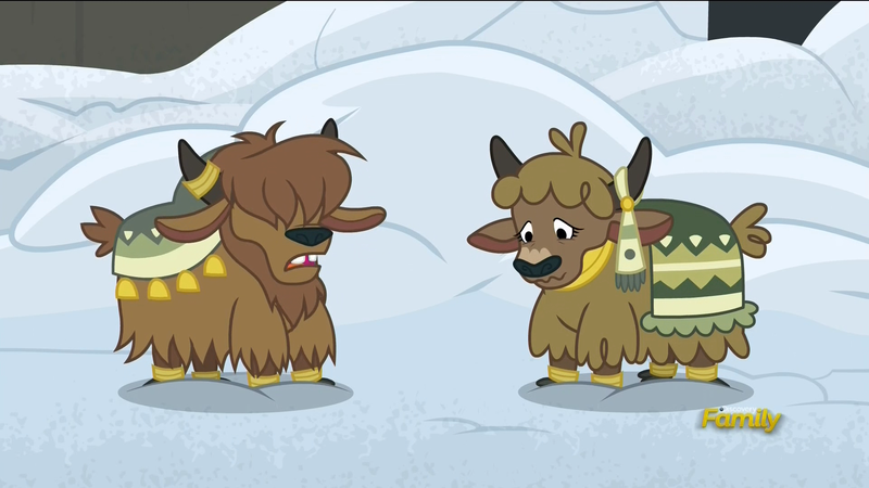 Size: 1920x1080 | Tagged: safe, derpibooru import, screencap, pony, yak, not asking for trouble, calf, cloven hooves, discovery family logo, duo, female, horn ring, male, snow, yak calf, yakyakistan