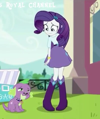 Size: 403x480 | Tagged: safe, derpibooru import, screencap, rarity, spike, spike the regular dog, dog, dance magic, equestria girls, spoiler:eqg specials, boots, clothes, cropped, female, high heel boots, looking down, looking up, male, shoes, skirt