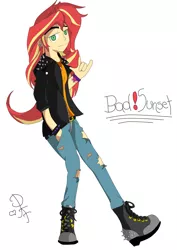 Size: 1280x1810 | Tagged: safe, artist:thelittlepandora, derpibooru import, sunset shimmer, equestria girls, alternate universe, cutie mark accessory, cutie mark clothes, implied lesbian, implied shipping, implied sunsetsparkle, looking at you, simple background, white background