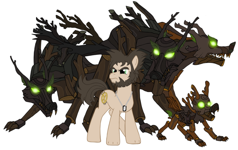 Size: 3475x2198 | Tagged: safe, artist:edcom02, artist:jmkplover, derpibooru import, earth pony, elemental, timber wolf, animal empathy, anti-hero, baby timber wolf, dog tags, glowing eyes, green eyes, image, male, marvel, pack, png, primal, puppy, serious, serious face, sharp teeth, sideburns, simple background, stallion, teeth, transparent background, wolverine (marvel), wood golem, x-men