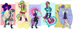 Size: 2000x811 | Tagged: safe, artist:kaemantis, deleted from derpibooru, derpibooru import, indigo zap, lemon zest, sour sweet, sugarcoat, sunny flare, ponified, anthro, earth pony, pegasus, unguligrade anthro, unicorn, clothes, denim, equestria girls ponified, female, glasses, goggles, leggings, pigtails, ponytail, shadow five, shirt, shorts, skirt, twintails