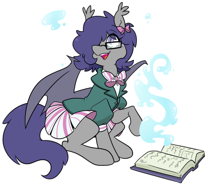 Size: 1057x943 | Tagged: safe, artist:egophiliac, derpibooru import, oc, oc:dusk rhine, unofficial characters only, bat pony, pony, book, box, clothes, cute, female, glasses, magic, mare, ocbetes, school uniform, simple background, skirt, solo, spellbook, transparent background, water