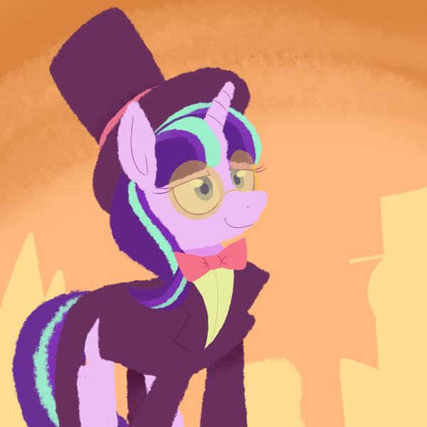 Size: 1024x1024 | Tagged: safe, artist:woollily, derpibooru import, starlight glimmer, pony, unicorn, abstract background, crossover, female, glasses, hat, mare, smiling, solo, superjail, the warden, top hat