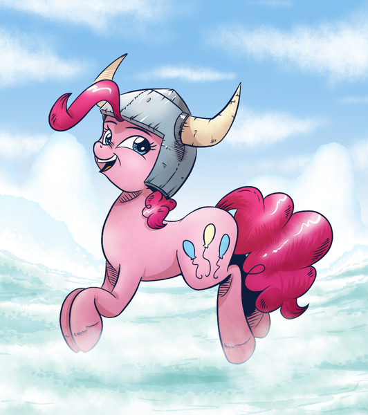 Size: 917x1035 | Tagged: safe, artist:saturdaymorningproj, derpibooru import, pinkie pie, pony, not asking for trouble, helmet, honorary yak horns, horned helmet, snow, solo, viking helmet